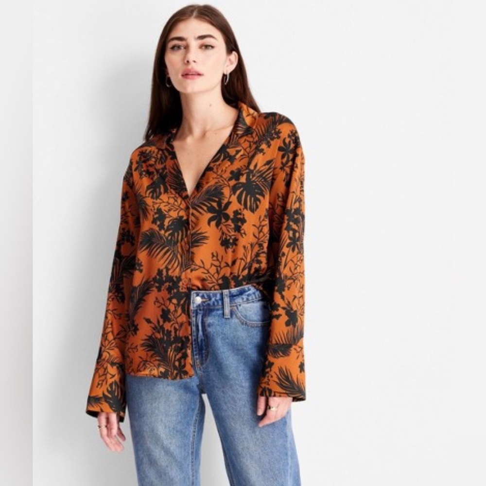Women's Future Collective Long Sleeve Satin Top Black Brown S